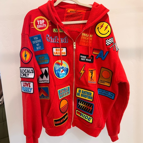 Aviator Nation Red Hoodie with Colorful Patches